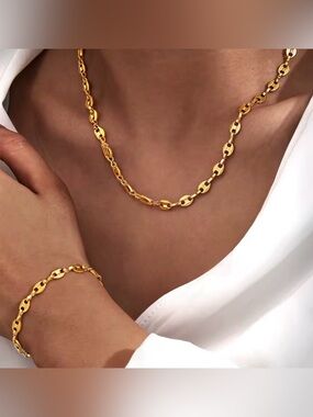 Gold Tone Stainless Steel Coffee Bean Chain Necklace Bracelet Jewelry Set